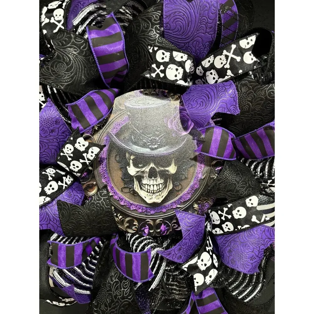 Halloween Wreath Gothic Purple Skull Handmade Deco Mesh 20 Inch